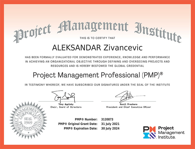 PMP certificate Aleksandar Živančević